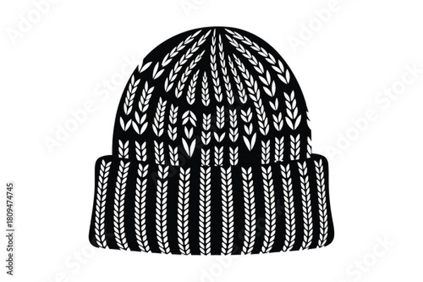 Fototapeta Black and white knitted beanie with a ribbed cuff and patterned crown