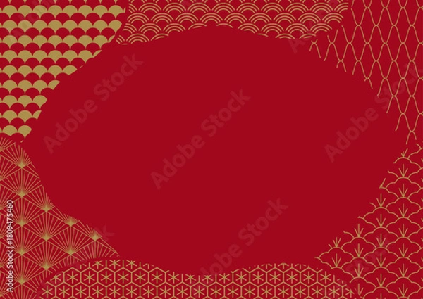 Obraz 真紅の背景と波、松などの和柄フレームデザイン