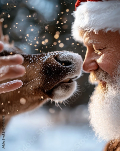 Fototapeta In a heartwarming scene, Santa shares a tender moment with a reindeer in a snowy landscape, showcasing the bond between man and nature during the festive holiday season.