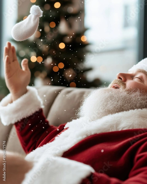 Obraz A delightful image of Santa Claus playfully tossing a gift into the air, surrounded by a cozy indoor setting, embodying the joy of the holiday spirit and festive excitement.