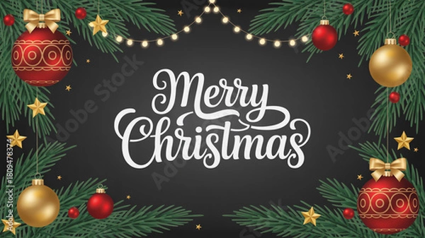 Obraz Festive merry christmas background with ornaments and pine branches decoration