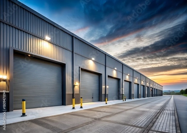 Fototapeta Long modern industrial building with dark grey roller shutter doors at dusk. Wet asphalt ground reflects bright security lights. New warehouse, factory, distribution center property stands ready
