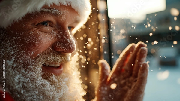 Obraz A close-up of Santa with a joyful expression, surrounded by glistening snowflakes, reflecting the warmth of the holidays and evoking feelings of joy, love, and festive cheer.