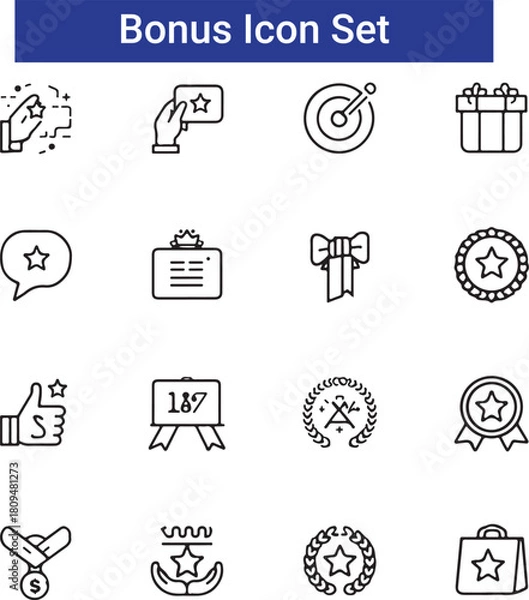 Obraz Reward set of web icons in line style. A collection of linear icons representing various reward concepts, including gift, trophy, recognition, reward program, medal, bonus, and more.
