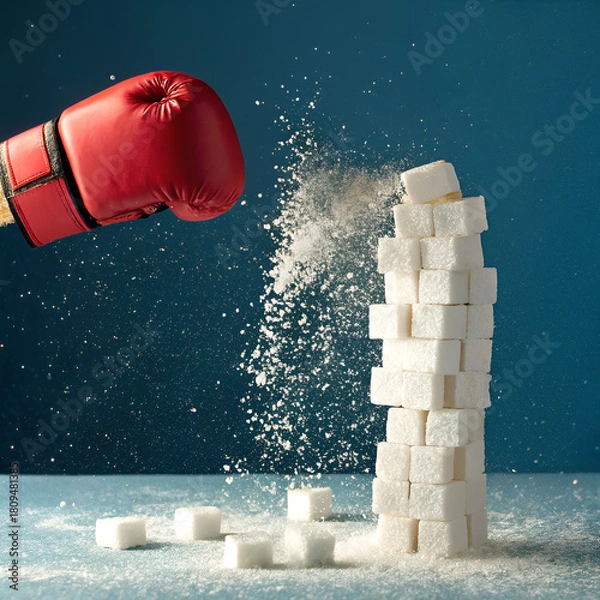 Obraz A boxing glove smashes through stacked sugar cubes