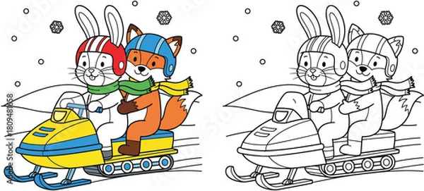 Fototapeta Vector coloring page for kids with cute cartoon rabbit and fox riding a snowmobile. Winter sport activity illustration with colored example and black white outline.