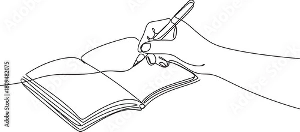 Obraz Continuous line art drawing of a human hand holding a pen and writing notes in an open blank notebook, symbolizing education, creativity, and work