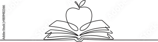 Obraz Continuous one line art drawing of an open book with a fresh apple, symbolizing education, wisdom, knowledge, and lifelong learning.