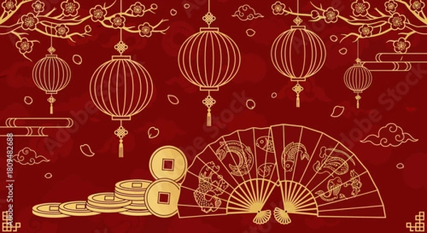 Fototapeta Vibrant red background with golden Chinese lanterns, coins, and a fan, symbolizing prosperity and celebration for Lunar New Year.