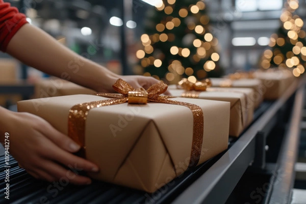 Fototapeta An array of beautifully wrapped gifts on a conveyor, creating a festive atmosphere indicative of the holiday season and the joy of gift-giving traditions.