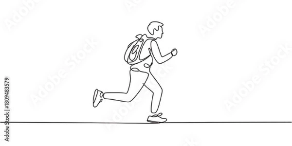 Obraz Continuous line drawing of a man running with a backpack, representing travel, education, adventure, speed, and journey concept