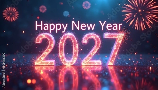 Obraz Happy New Year 2027 vibrant neon pink 2027 text with colorful fireworks and bokeh lights background