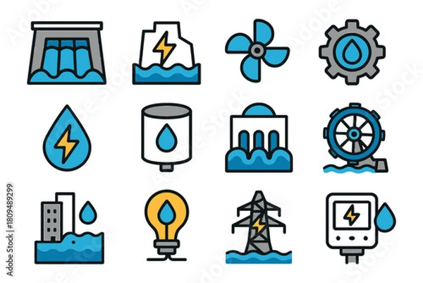 Fototapeta Hydropower energy icons set: turbine, dam, generator, water conservation symbols.