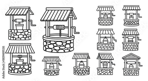 Obraz Collection of vintage water wells in a black and white line art style