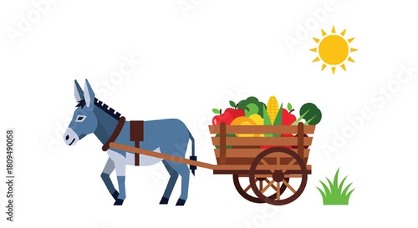 Obraz A gray donkey carrying a wooden cart filled with fresh produce and sunshine