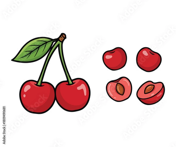 Fototapeta Red Cherries Vector Illustration, Pair of Berries with Stems and Slices Isolated on White Background