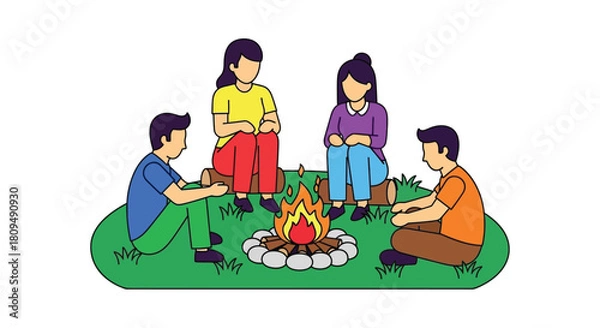 Obraz Friends gathered around a warm campfire enjoying each other s company