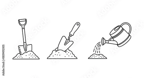 Obraz Gardening tools including a shovel trowel and watering can in a line art style