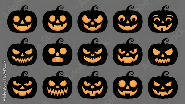 Fototapeta Collection of glowing carved halloween pumpkins with spooky faces illuminated from within against a dark gray background