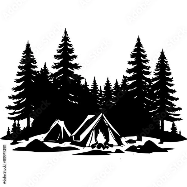 Fototapeta Camping in the forest silhouette vector for adventure and nature lovers