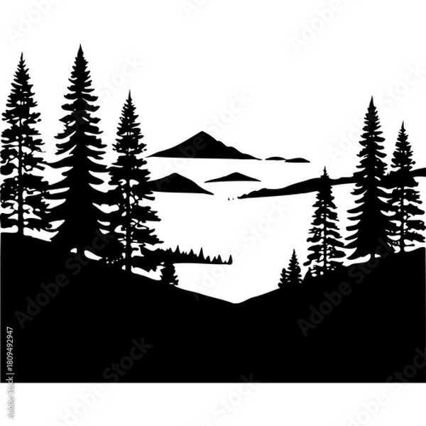 Fototapeta Silhouette landscape with mountains trees and lake nature vector design
