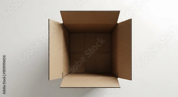 Fototapeta Overhead view of an empty open brown cardboard shipping box on a white surface