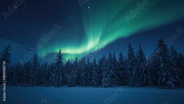 Fototapeta Stunning aurora borealis glowing in vibrant green hues above a deep, snow-covered pine forest. A serene winter night landscape capturing the beauty of the northern lights