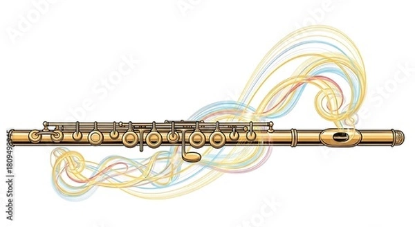 Obraz Golden Flute with Colorful Musical Notes and Swirls.