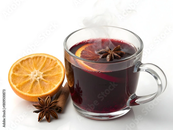 Fototapeta Steaming mulled wine with orange slice and star anise in a clear glass mug on white table