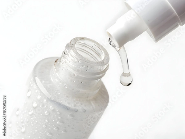 Fototapeta Clear liquid dripping from a white pump bottle into an open container for skincare use