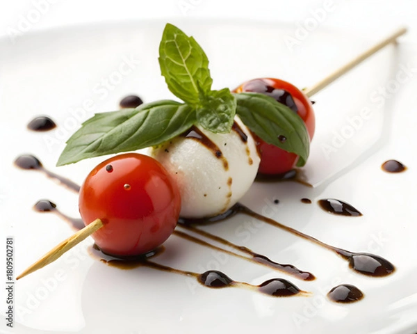 Fototapeta Tomato mozzarella skewers drizzled balsamic glaze garnished basil leaf served white plate