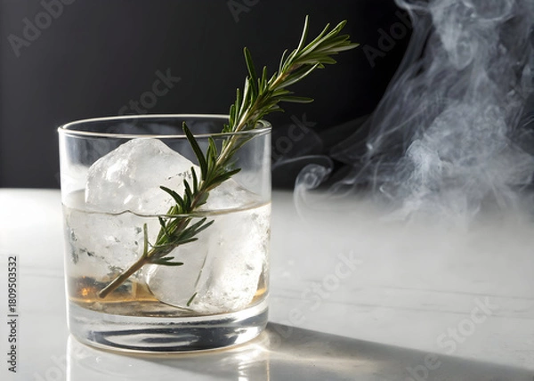 Obraz Refreshing drink with ice cubes and rosemary sprig presented in a clear glass with smoke