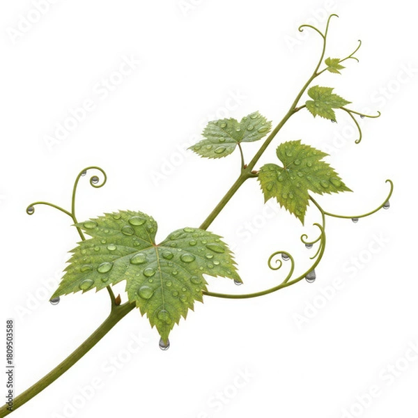 Obraz A delicate green grape vine branch with unfurling leaves and tendrils isolated on transparent background