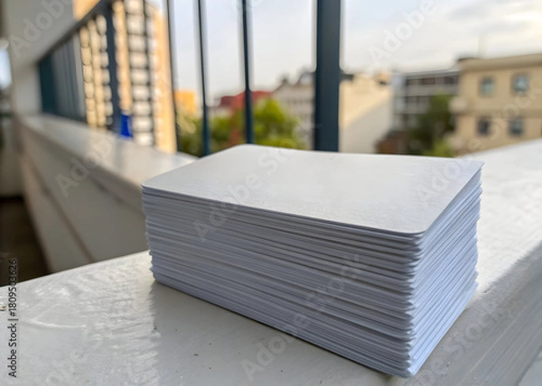 Fototapeta Stack of blank white cards resting on a ledge overlooking urban buildings outdoors daytime