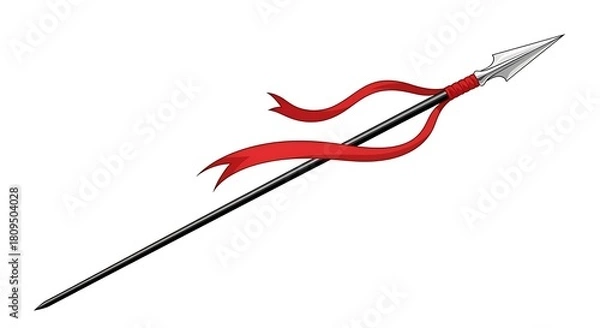 Obraz Ancient warrior spear with a red ribbon isolated on a white background.