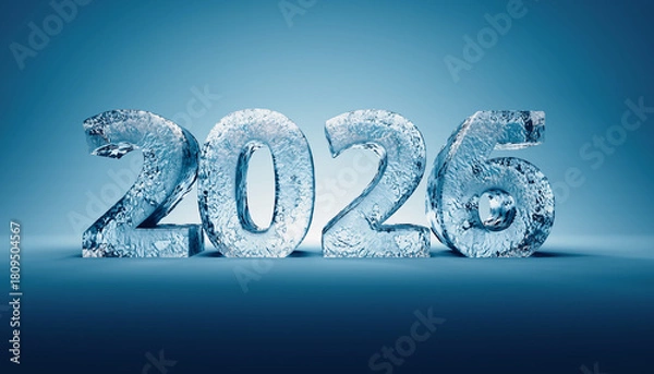 Fototapeta 3D ice crystal numbers “2025 melting and reshaping into 2026,” frosted texture, cool blue lighting, winter atmosphere, clean background