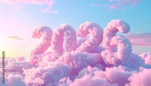 Obraz 3D pastel cloudscape with floating cotton-like numbers “2025 → 2026,” soft airy lighting, pink-blue gradient sky, dreamy gentle tone