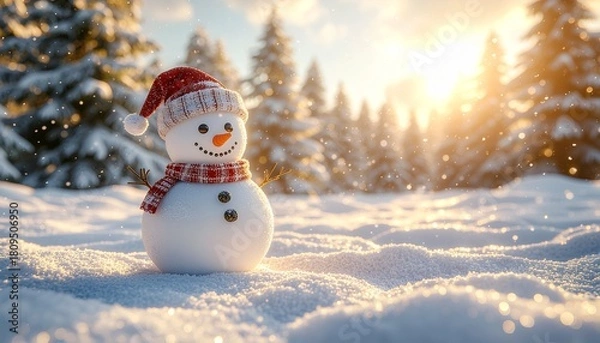 Obraz Snowman standing in a snowy landscape, pine trees in the background, festive atmosphere, postcard design