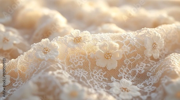 Fototapeta Floral fabric with lace detail, and ivory color.