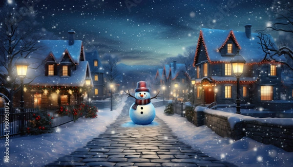 Fototapeta Snowman standing in a charming christmas village, glowing lanterns and festive lights, magical winter evening, greeting card style