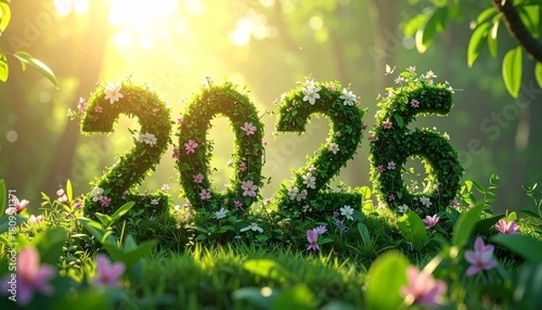 Fototapeta 3D vines and flowers growing over numbers “2025” and shifting into “2026,” vibrant greens, eco-friendly clean aesthetic, sunlight filtering