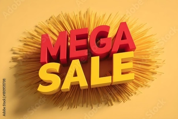 Fototapeta Bold 3d mega sale text with bursting yellow spokes on a warm orange background