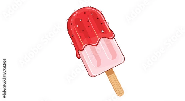 Fototapeta Refreshing pink strawberry popsicle on a wooden stick with red syrup dripping down for a sweet summer treat illustration.