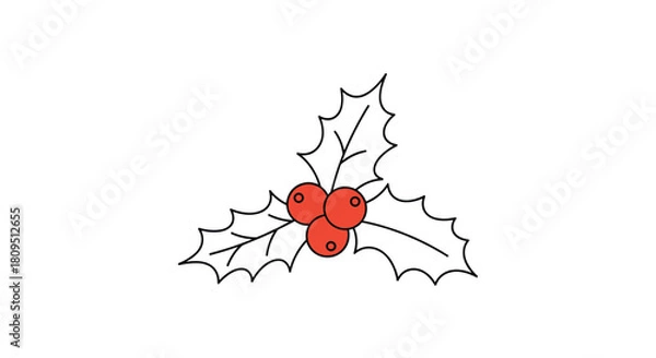 Obraz Minimalist line art illustration of a Christmas holly sprig with three red berries and sharp leaves for holiday decor.