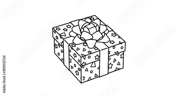 Obraz Simple black and white line art of a wrapped gift box with a star pattern and a large festive bow on top for coloring.