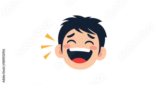 Fototapeta Cartoon face of a boy with black hair laughing out loud with his eyes closed conveying pure joy and happiness.