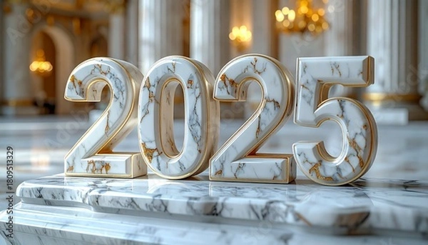 Fototapeta 3D white marble carved numbers “2025 to 2026,” luxury architectural look, subtle gold inlay, soft directional lighting, museum gallery atmosphere