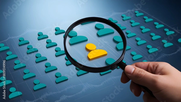 Fototapeta Magnifying glass focuses on a single unique yellow person icon among many blue icons representing recruitment and selection