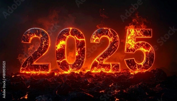 Fototapeta 3D glowing molten lava numbers forming from “2025” into “2026,” volcanic texture, dramatic lighting, fiery high-contrast scene