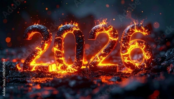 Fototapeta 3D glowing molten lava numbers forming from “2025” into “2026,” volcanic texture, dramatic lighting, fiery high-contrast scene